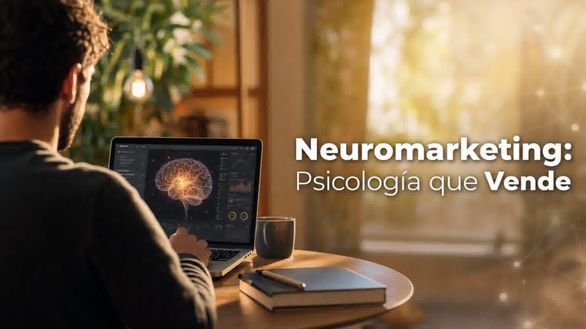 Neuromarketing para negocios: profesional trabajando en laptop con estética de neurociencia y espacio para texto