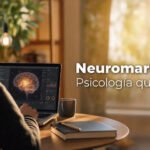 Neuromarketing para negocios: profesional trabajando en laptop con estética de neurociencia y espacio para texto