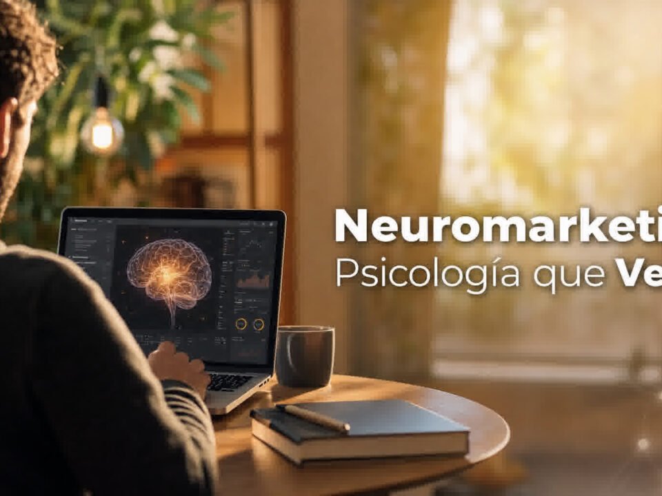 Neuromarketing para negocios: profesional trabajando en laptop con estética de neurociencia y espacio para texto