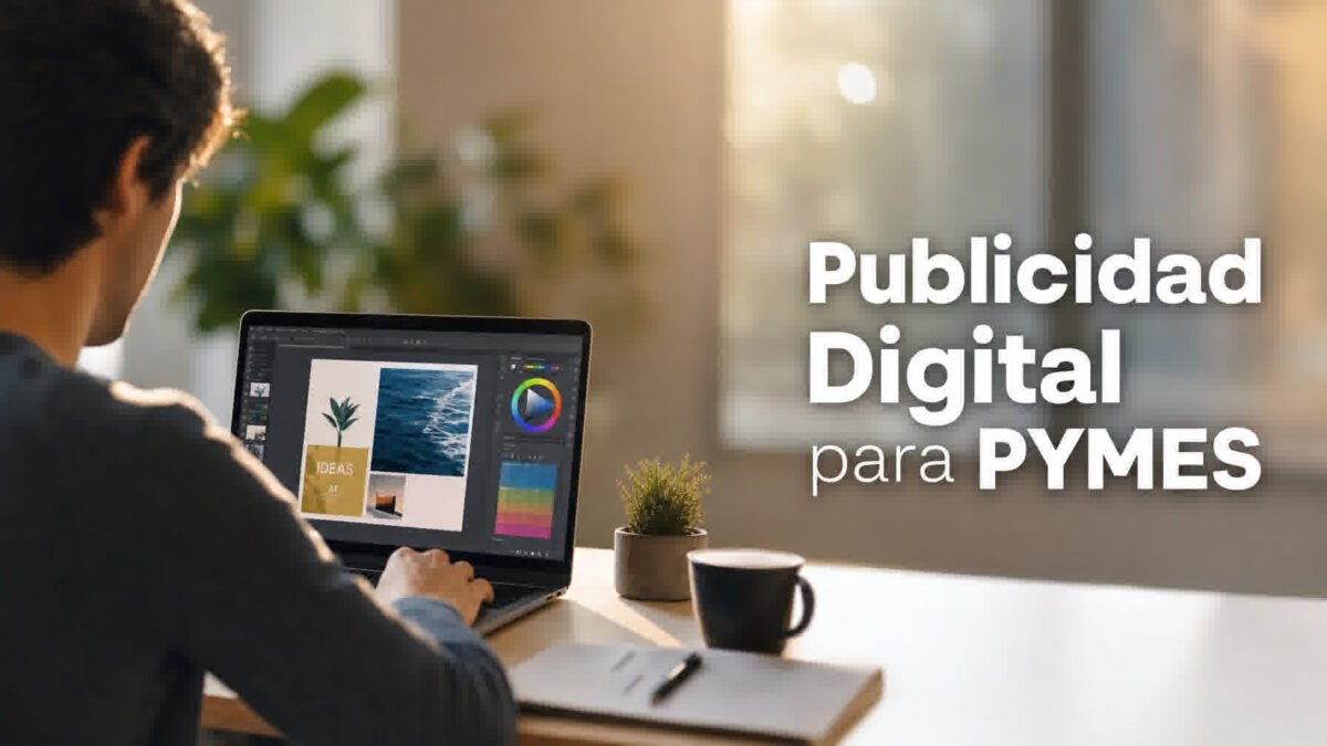 Publicidad digital para PYMES: persona trabajando en un entorno profesional moderno con espacio negativo para texto