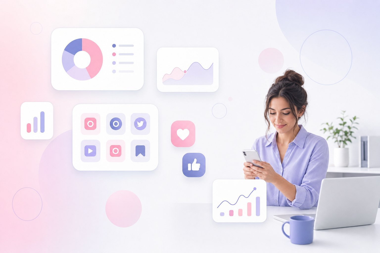 Dueña de negocio revisando métricas de redes sociales en una oficina luminosa
