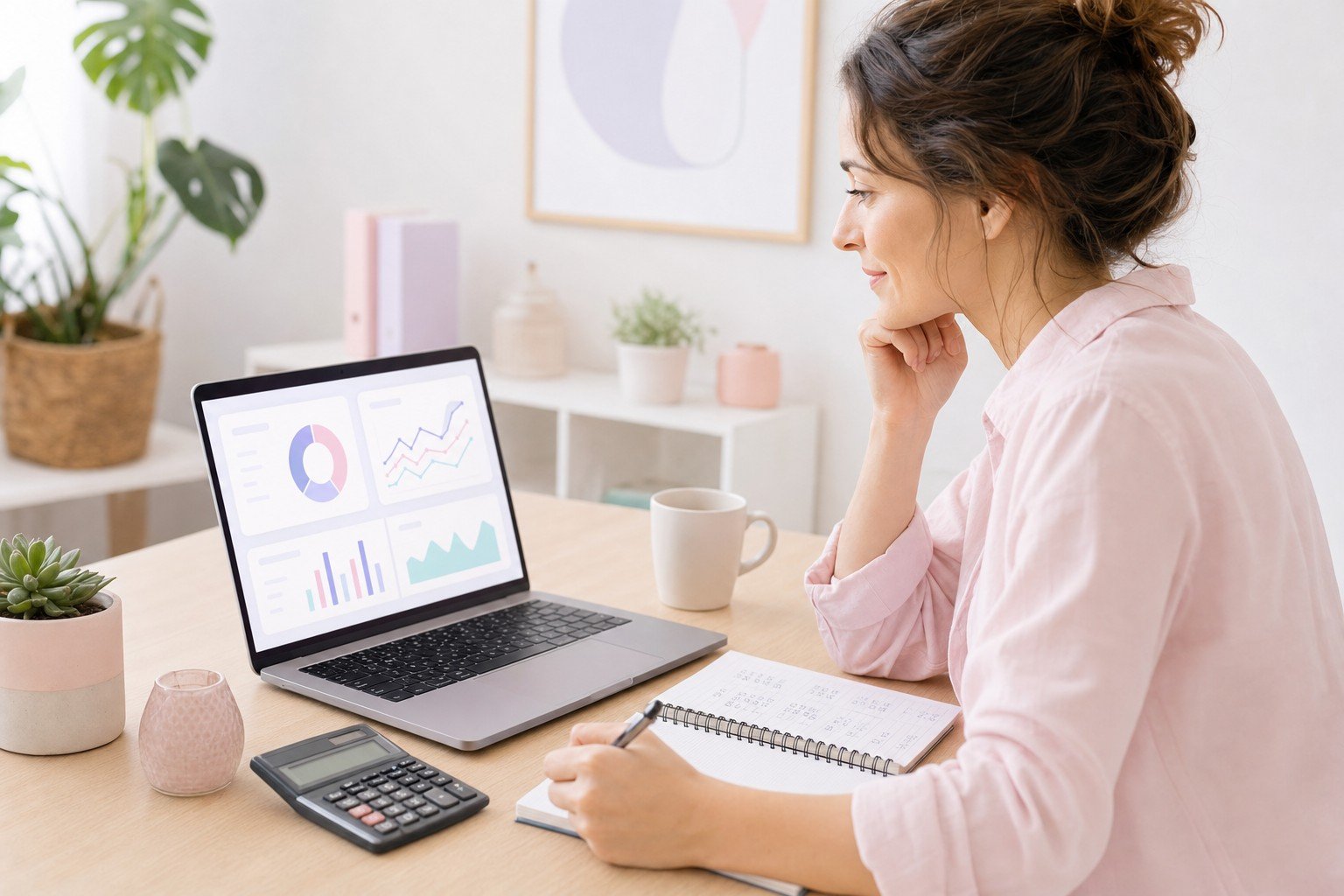 ¿Está volviendo tu inversión en marketing? Cómo medirlo 5 Alien Creativo - Marketing de Verdad Dueño de negocio midiendo resultados de marketing en un tablero con datos junto a una calculadora